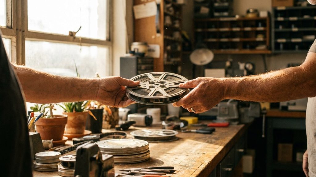 Handing film reels over in person, the delivery method with the fewest handoffs