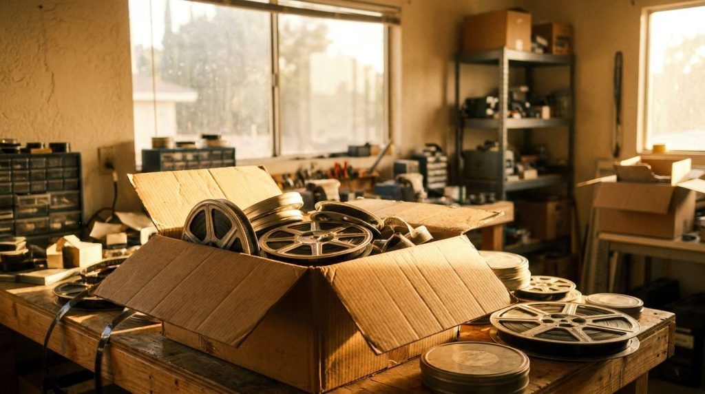 A box of family film reels dropped off at the lab counter in Orange County
